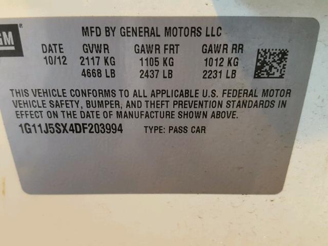 1G11J5SX4DF203994 - 2013 CHEVROLET MALIBU LTZ თეთრი ფოტო 10