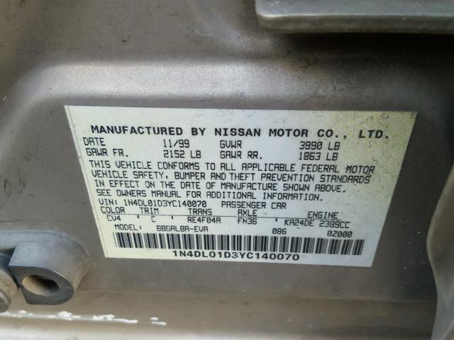 1N4DL01D3YC140070 - 2000 NISSAN ALTIMA XE GOLD photo 10