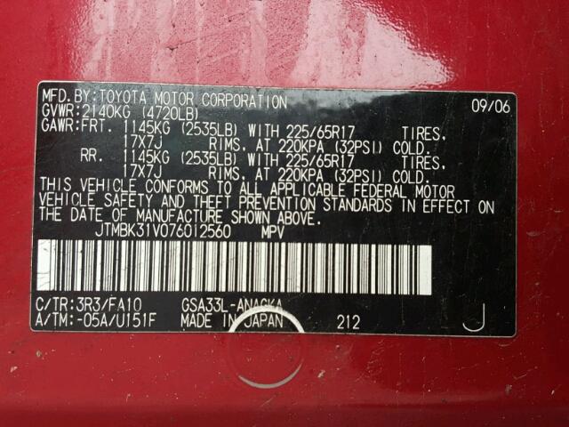 JTMBK31V076012560 - 2007 TOYOTA RAV4 LIMIT RED photo 10