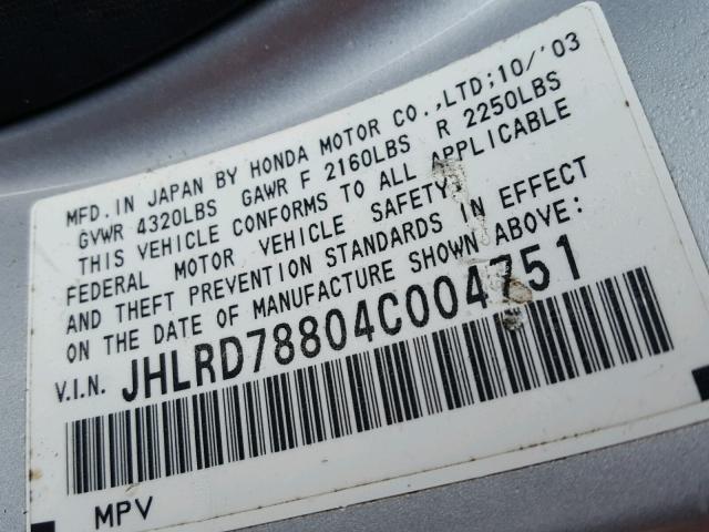 JHLRD78804C004751 - 2004 HONDA CR-V EX SILVER photo 10