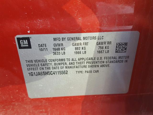 1G1JA6SH5C4115562 - 2012 CHEVROLET SONIC LS RED photo 10