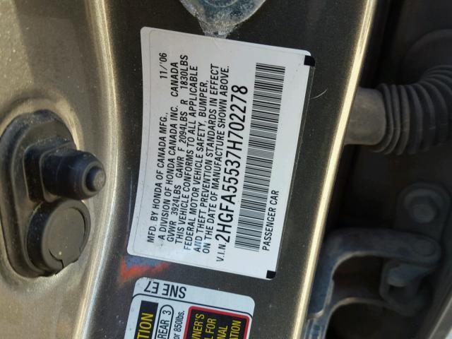 2HGFA55537H702278 - 2007 HONDA CIVIC SI SILVER photo 10