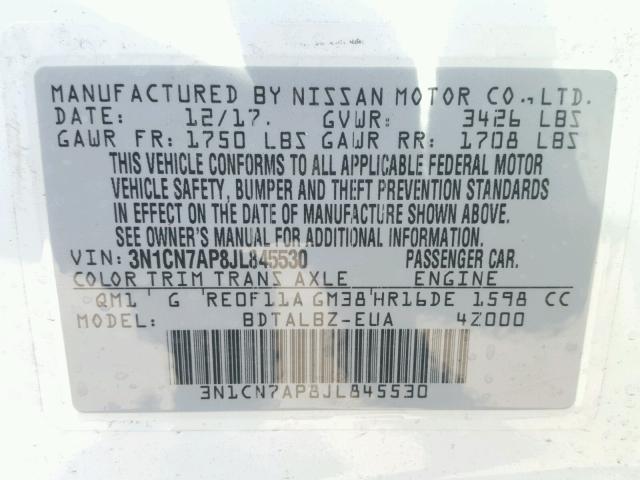 3N1CN7AP8JL845530 - 2018 NISSAN VERSA S WHITE photo 10