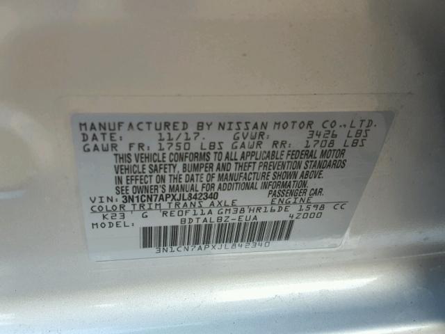 3N1CN7APXJL842340 - 2018 NISSAN VERSA S SILVER photo 10