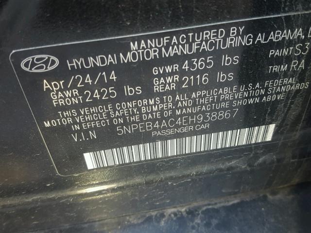 5NPEB4AC4EH938867 - 2014 HYUNDAI SONATA GLS BLACK photo 10