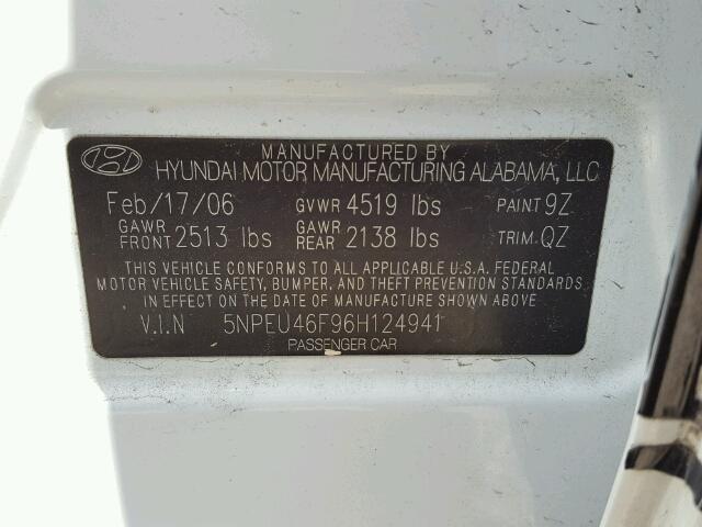 5NPEU46F96H124941 - 2006 HYUNDAI SONATA GLS WHITE photo 10