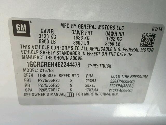 1GCRCREH4EZ244478 - 2014 CHEVROLET SILVERADO SILVER photo 10