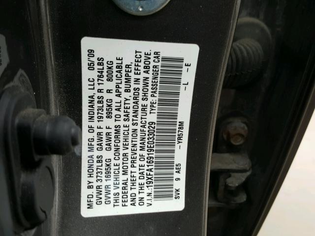 19XFA16919E033029 - 2009 HONDA CIVIC EXL GRAY photo 10