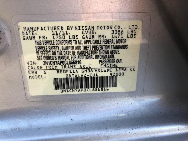 3N1CN7AP0CL856816 - 2012 NISSAN VERSA S SILVER photo 10