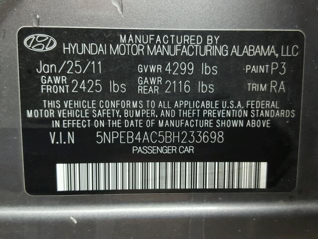 5NPEB4AC5BH233698 - 2011 HYUNDAI SONATA GLS GRAY photo 10