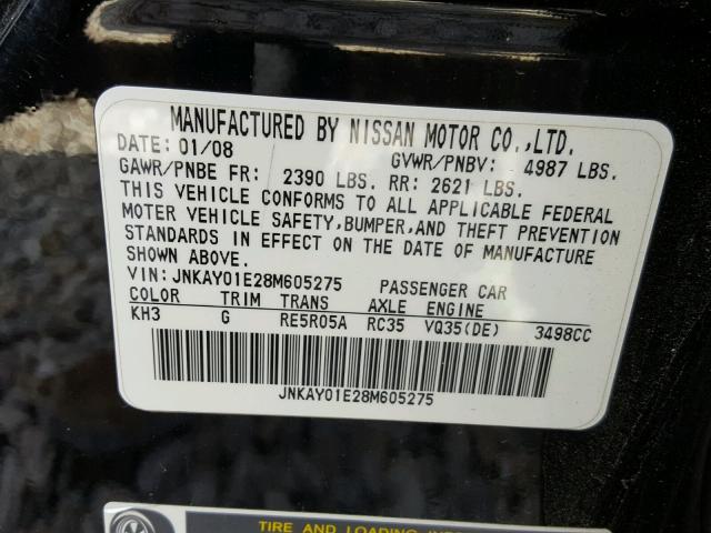 JNKAY01E28M605275 - 2008 INFINITI M35 BASE BLACK photo 10