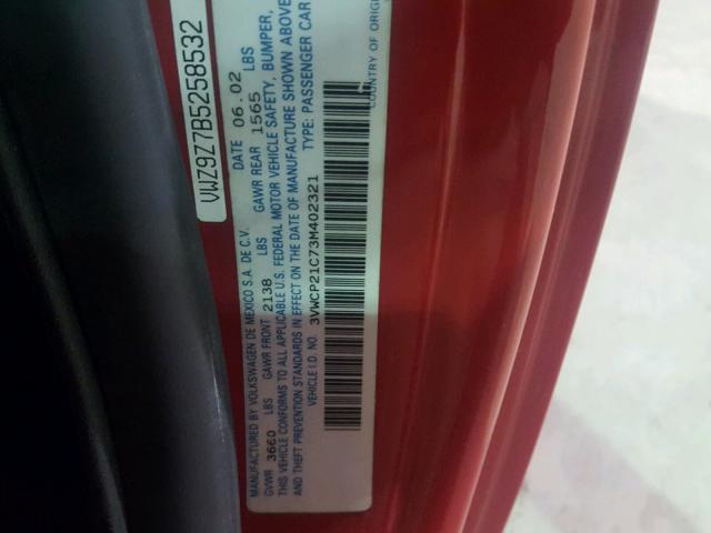 3VWCP21C73M402321 - 2003 VOLKSWAGEN NEW BEETLE 红色 照片 10