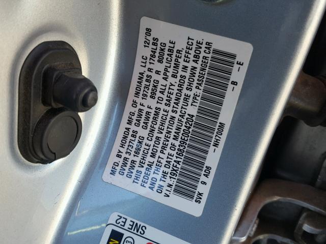 19XFA16839E004204 - 2009 HONDA CIVIC EX SILVER photo 10