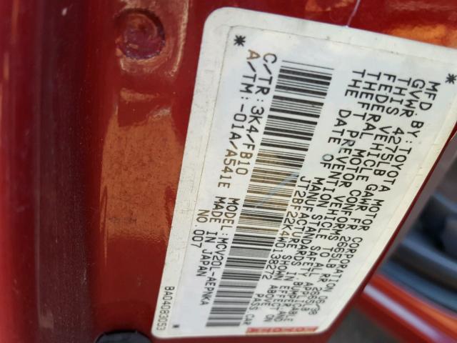 JT2BF22K4W0138272 - 1998 TOYOTA CAMRY CE RED photo 10