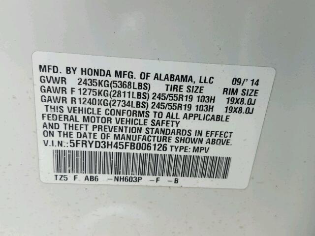 5FRYD3H45FB006126 - 2015 ACURA MDX TECHNO WHITE photo 10