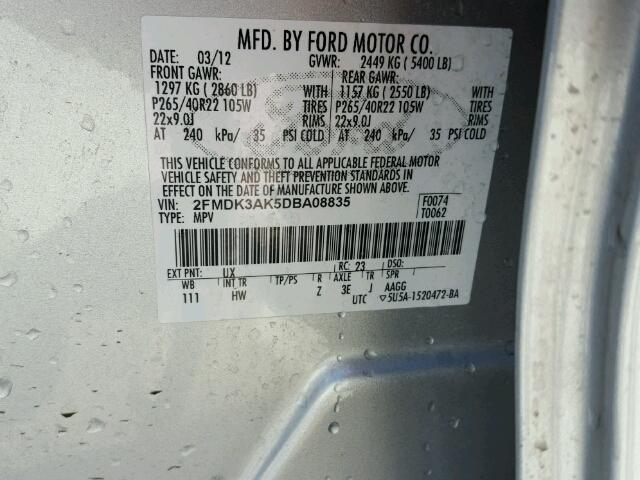 2FMDK3AK5DBA08835 - 2013 FORD EDGE SPORT SILVER photo 10