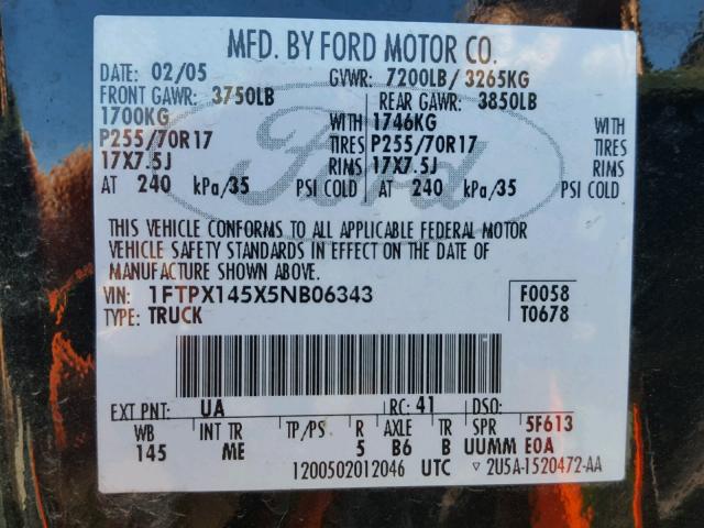 1FTPX145X5NB06343 - 2005 FORD F150 BLACK photo 10