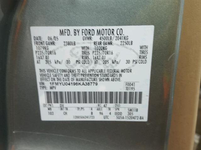 1FMYU04196KA38779 - 2006 FORD ESCAPE LIM GREEN photo 10