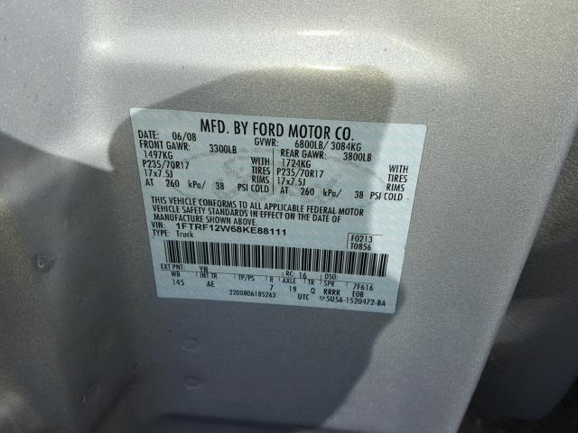 1FTRF12W68KE88111 - 2008 FORD F150 SILVER photo 10