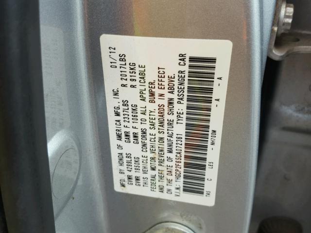 1HGCP2F65CA072361 - 2012 HONDA ACCORD SE SILVER photo 10