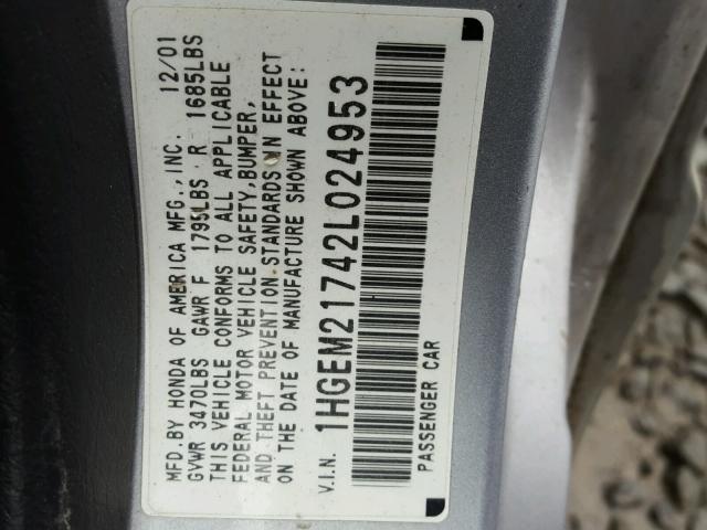 1HGEM21742L024953 - 2002 HONDA CIVIC HX SILVER photo 10