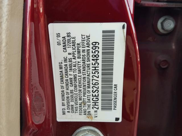 2HGES26725H548599 - 2005 HONDA CIVIC EX მუქწითელი ფოტო 10