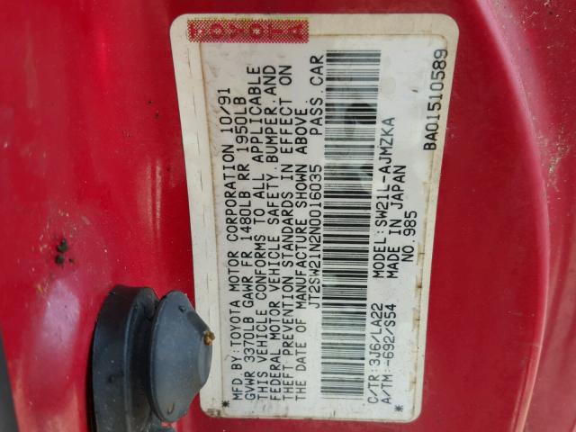 JT2SW21N2N0016035 - 1992 TOYOTA MR2 SPORT RED photo 10