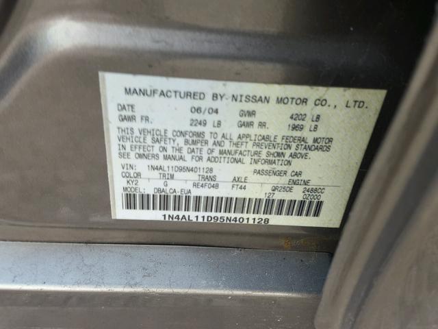 1N4AL11D95N401128 - 2005 NISSAN ALTIMA S GRAY photo 10