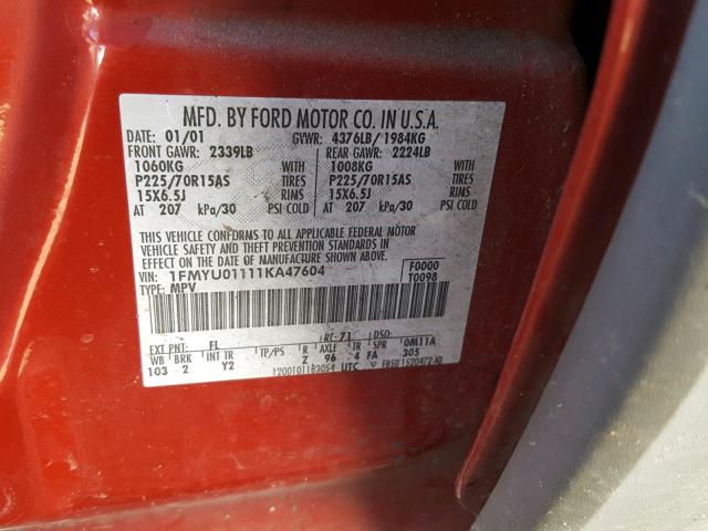 1FMYU01111KA47604 - 2001 FORD ESCAPE XLS RED photo 10