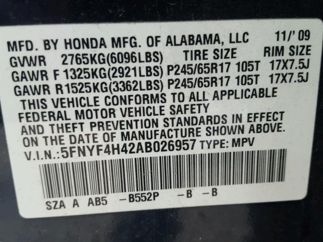 5FNYF4H42AB026957 - 2010 HONDA PILOT EX BLUE photo 10