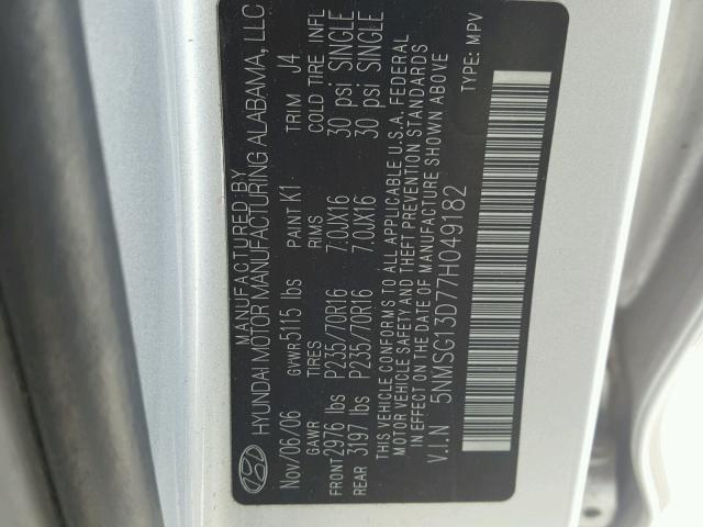 5NMSG13D77H049182 - 2007 HYUNDAI SANTA FE G SILVER photo 10