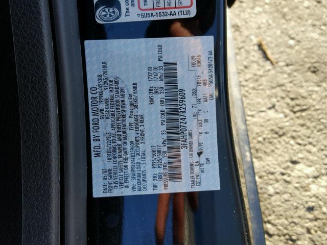 3FAHP07Z47R259609 - 2007 FORD FUSION SE BLACK photo 10