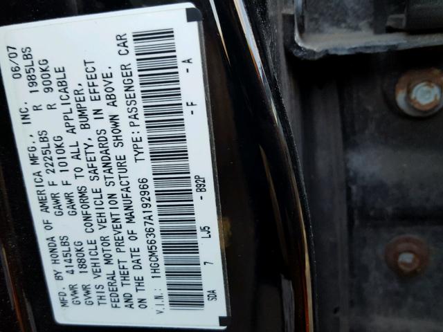 1HGCM56367A192966 - 2007 HONDA ACCORD SE BLACK photo 10