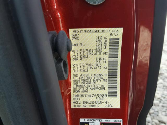 1N6BD0CT1HN765989 - 2017 NISSAN FRONTIER S RED photo 10
