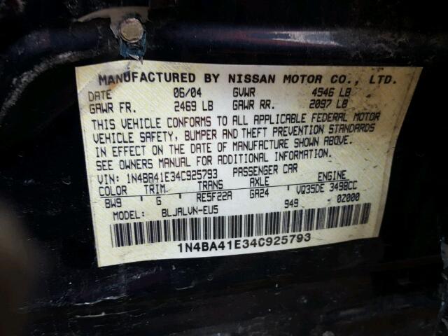 1N4BA41E34C925793 - 2004 NISSAN MAXIMA SE BLUE photo 10