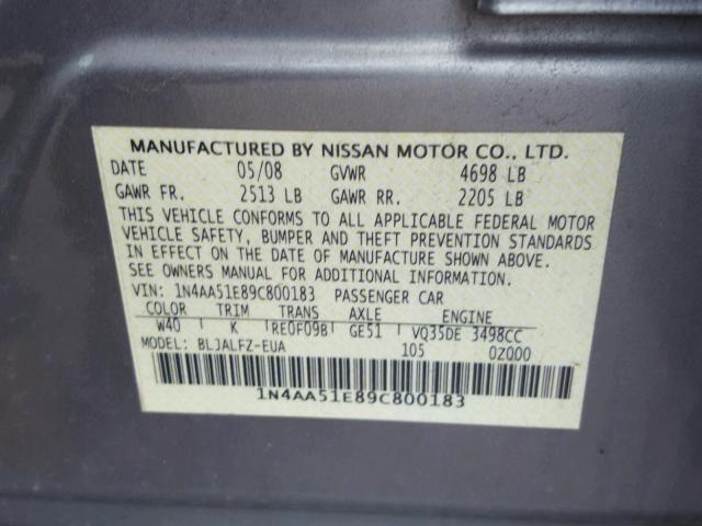 1N4AA51E89C800183 - 2009 NISSAN MAXIMA S GRAY photo 10