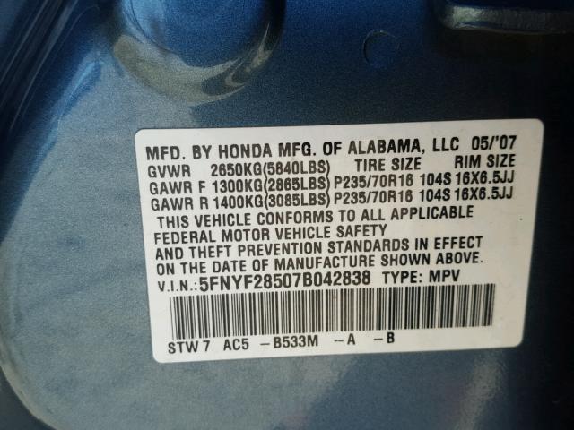 5FNYF28507B042838 - 2007 HONDA PILOT EXL BLUE photo 10