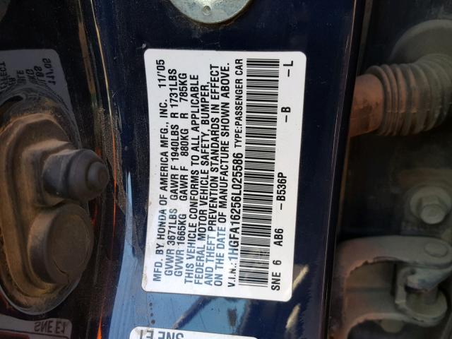 1HGFA16256L025586 - 2006 HONDA CIVIC DX BLUE photo 10