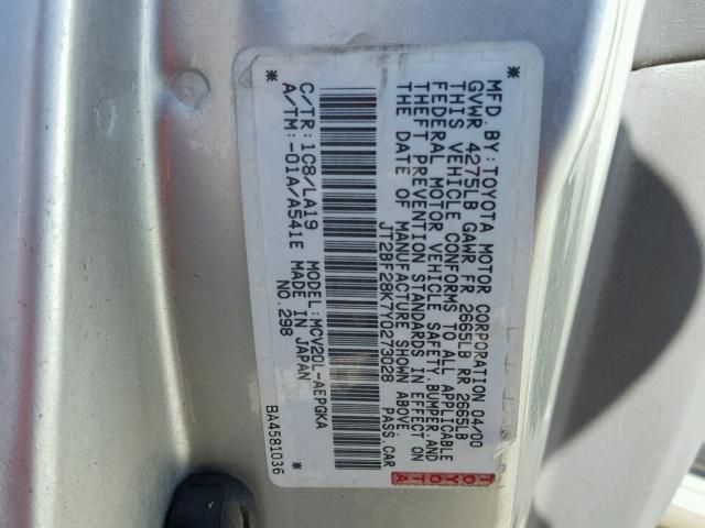 JT2BF28K7Y0273028 - 2000 TOYOTA CAMRY LE GRAY photo 10