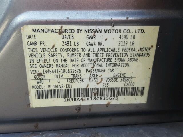 1N4BA41E18C835676 - 2008 NISSAN MAXIMA SE GRAY photo 10