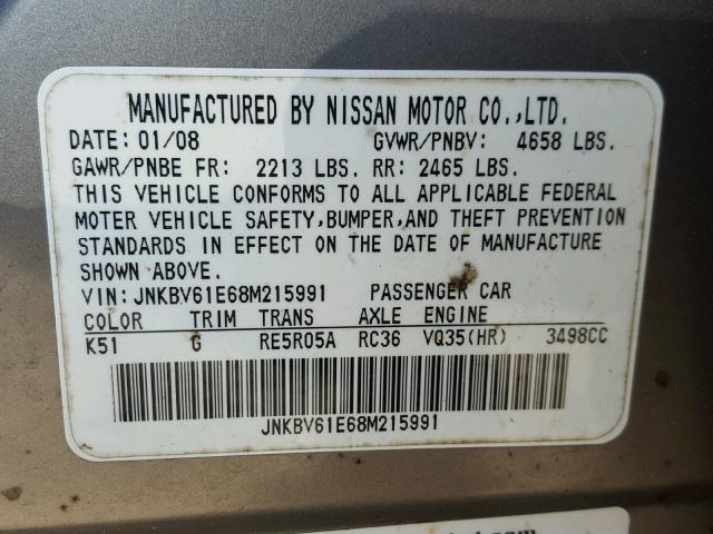 JNKBV61E68M215991 - 2008 INFINITI G35 SILVER photo 10