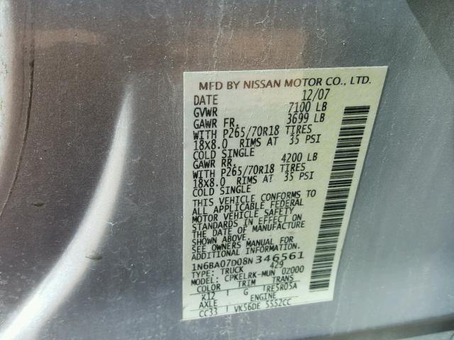 1N6BA07D08N346561 - 2008 NISSAN TITAN XE SILVER photo 10