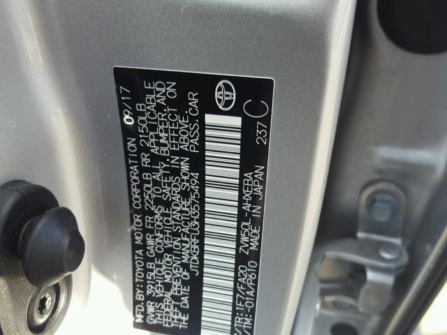 JTDKBRFU3H3575494 - 2017 TOYOTA PRIUS SILVER photo 10