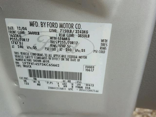 1FTPX14575KC65662 - 2005 FORD F150 SILVER photo 10