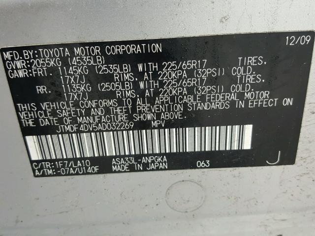 JTMDF4DV5AD032269 - 2010 TOYOTA RAV4 LIMIT SILVER photo 10