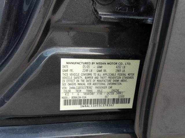 1N4AL11D55C378362 - 2005 NISSAN ALTIMA S GRAY photo 10