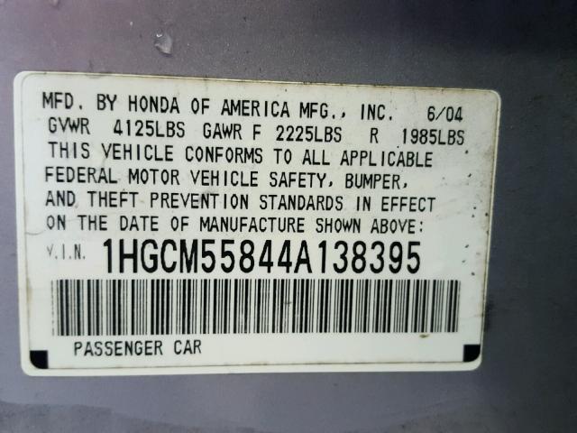 1HGCM55844A138395 - 2004 HONDA ACCORD EX SILVER photo 10