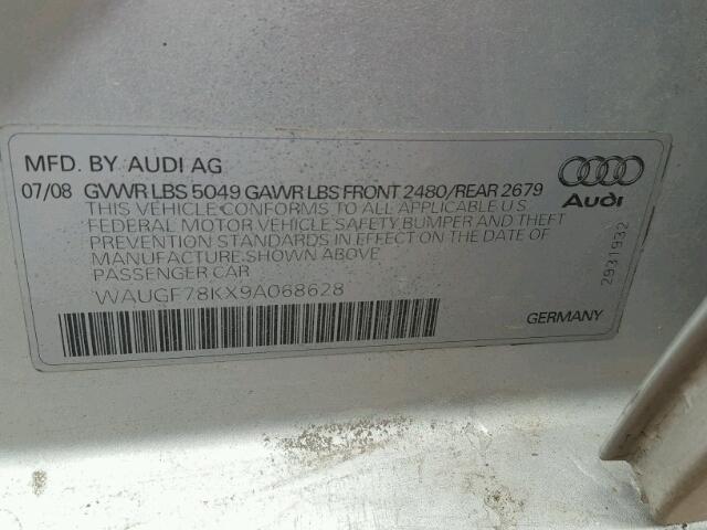 WAUGF78KX9A068628 - 2009 AUDI A4 PREMIUM SILVER photo 10