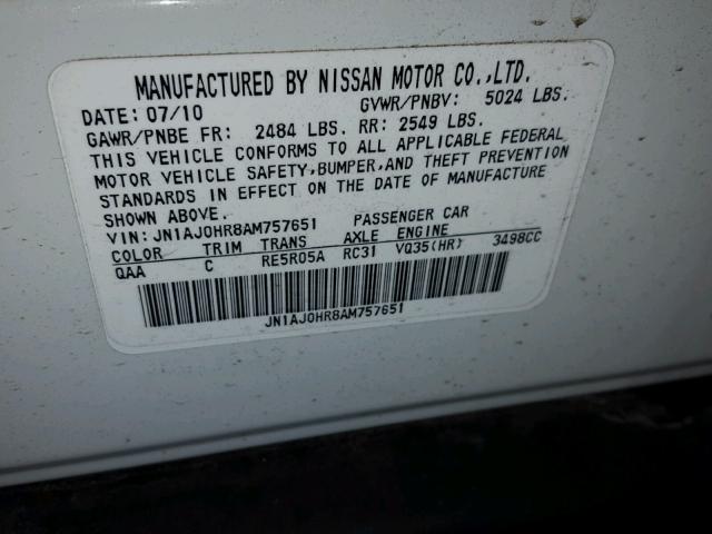 JN1AJ0HR8AM757651 - 2010 INFINITI EX35 BASE WHITE photo 10