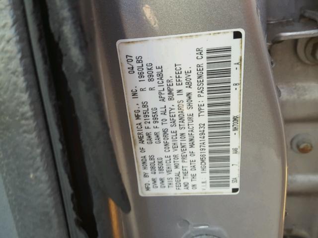 1HGCM56197A149432 - 2007 HONDA ACCORD VAL SILVER photo 10